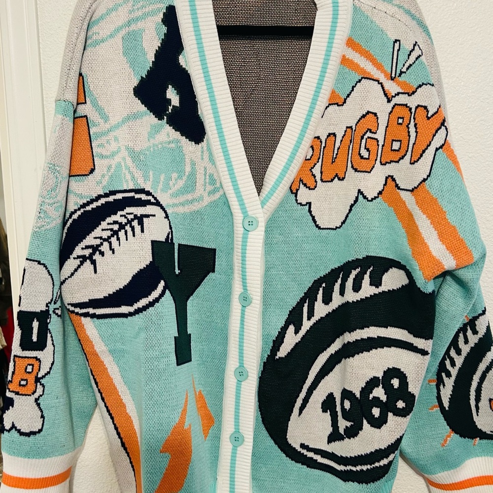 Varsity sweater Teal and Orange Graphic Cardigan